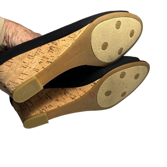 Etienne Aigner Black Canvas Wedge Heel open toe Pumps 8 - Picture 14 of 16